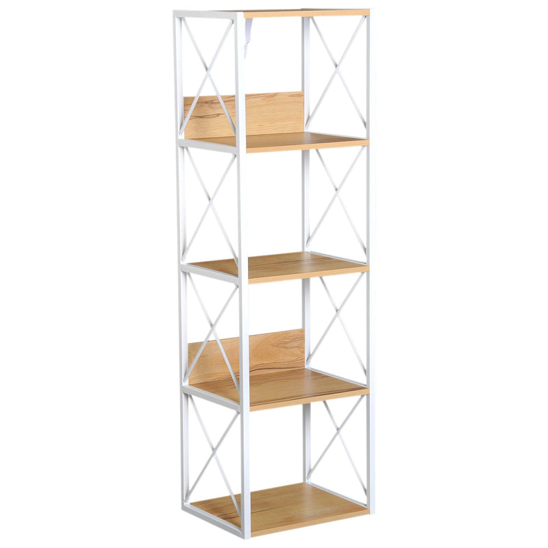 Libreria Scaffale 5 Ripiani con Struttura in Acciaio Bianco e Ripiani in Legno 40x35x143.5 cm 