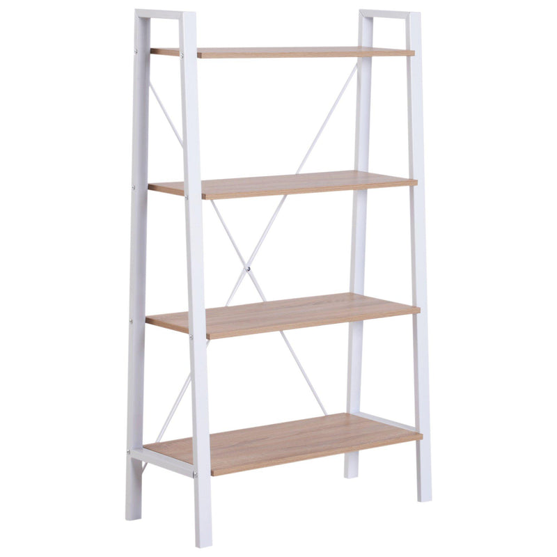 Libreria Scaffale a Scala 4 Ripiani in Legno e Acciaio Bianco e Rovere 80x33x133.5 cm 