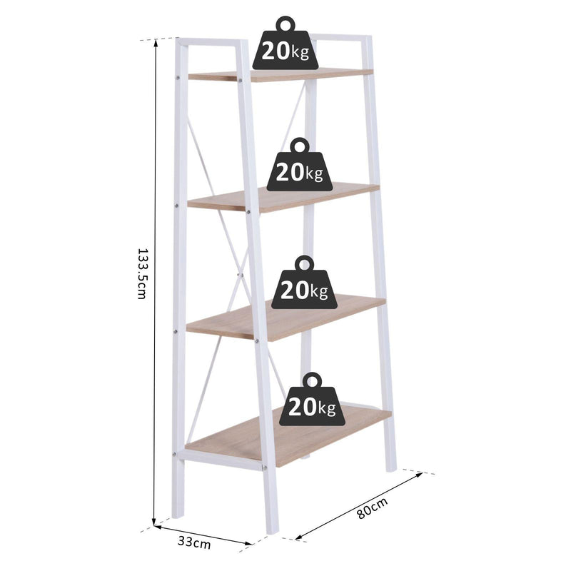 Libreria Scaffale a Scala 4 Ripiani in Legno e Acciaio Bianco e Rovere 80x33x133.5 cm 