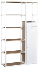 Libreria 6 Ripiani con 2 Cassetti e Armadietto in Acciaio e Legno Bianco e Rovere 100x35x180 cm 