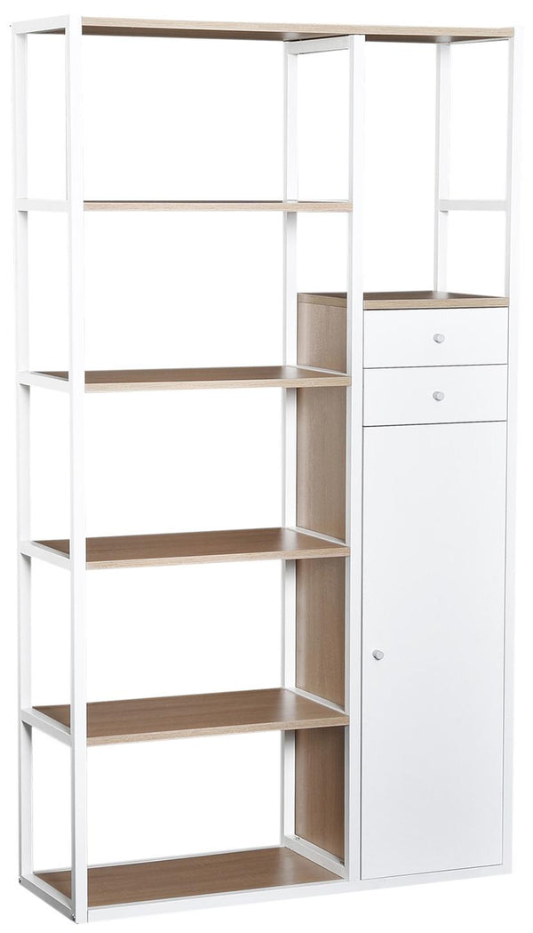 Bibliothèque 6 Étagères avec 2 Tiroirs et Meuble en Acier et Bois Blanc et Chêne 100x35x180 cm sconto