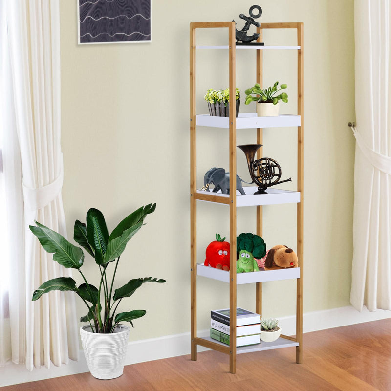Scaffale Portaoggetti a 5 Ripiani in Bambù e MDF Bianco e Legno Naturale 32x30x130 cm 