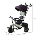 Passeggino Triciclo per Bambini con Maniglione e Tettuccio Parasole Deluxe Bianco e Viola 