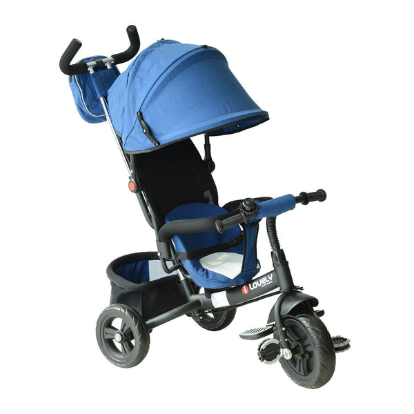 Poussette tricycle pour enfants avec poignée et auvent noir et bleu acquista