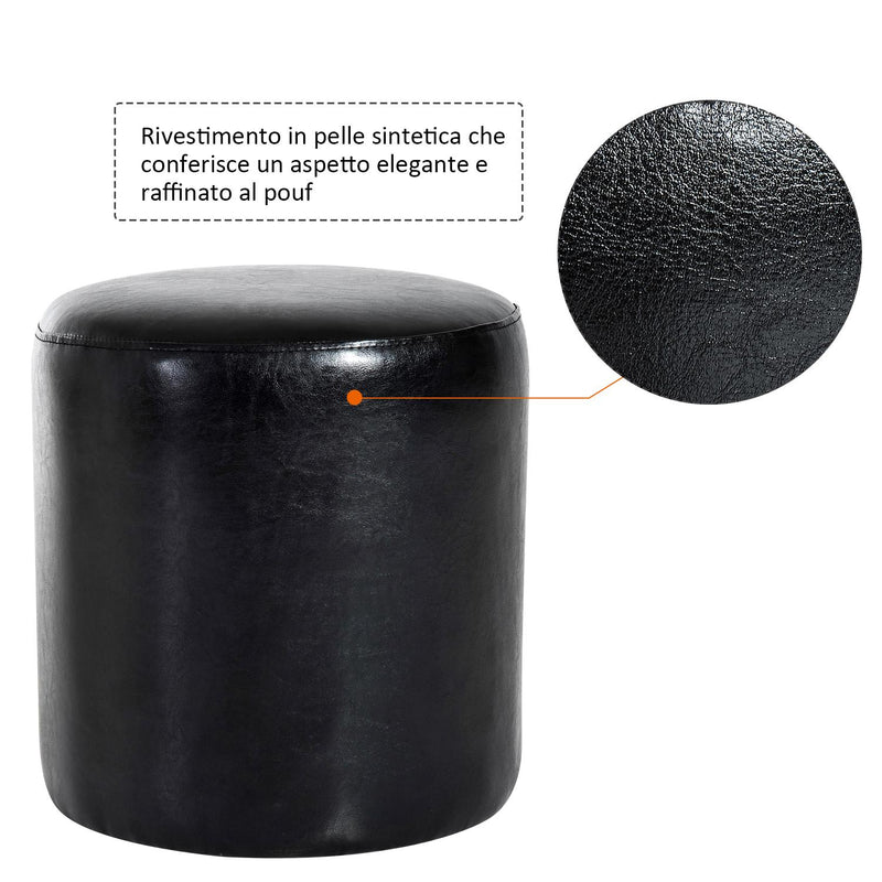Pouf Poggiapiedi Sgabello Tondo Imbottito in Similpelle Nero 45x45x50 cm 