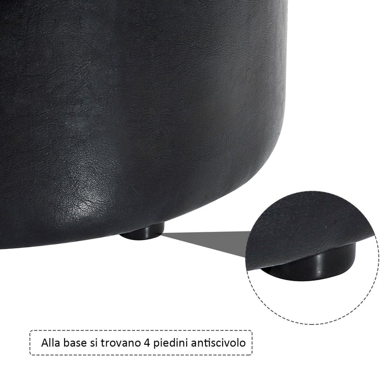 Pouf Poggiapiedi Sgabello Tondo Imbottito in Similpelle Nero 45x45x50 cm 