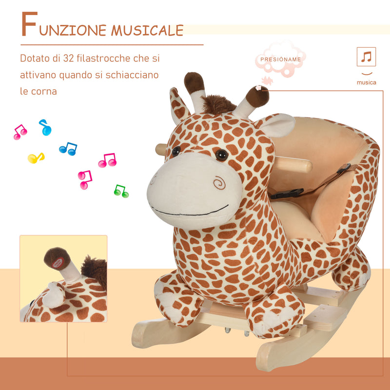 Dondolo per Bambini in Legno Giraffa in Peluche con Suoni 