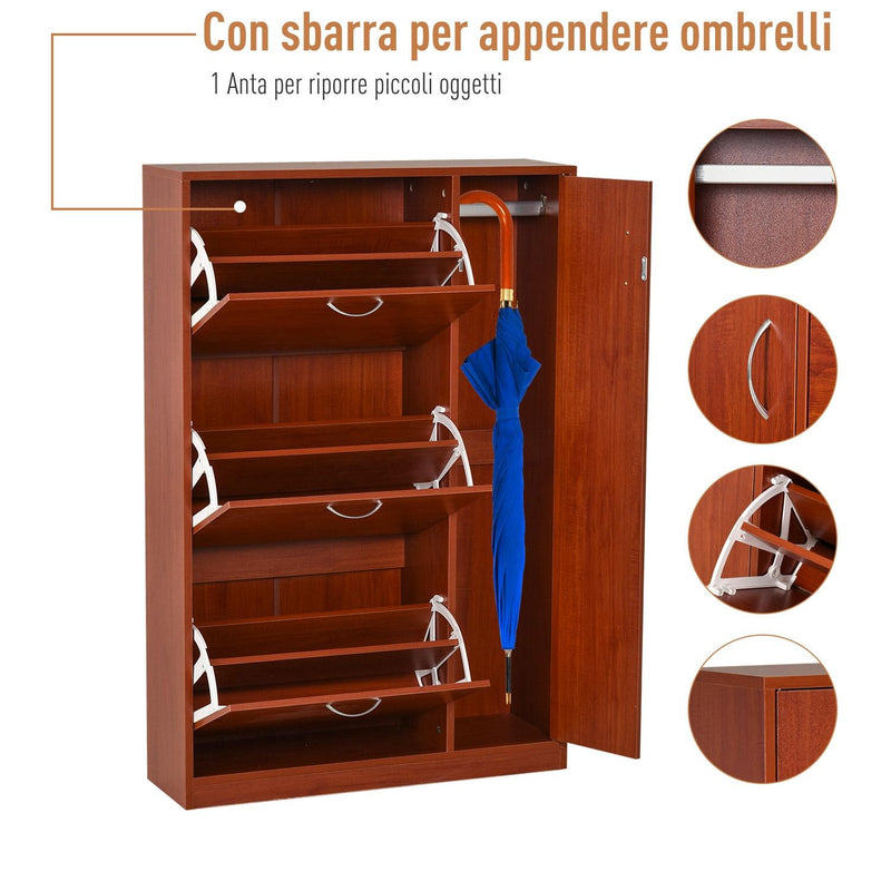 Scarpiera con 3 Ante a Ribalta e un'Anta Porta Ombrelli in Legno Noce 80x24x120 cm 