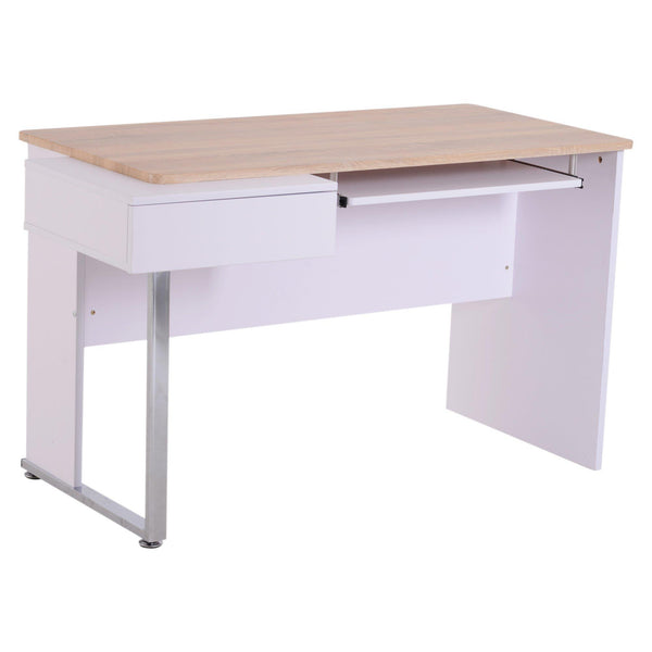 acquista Bureau avec étagère pour clavier en bois blanc et chêne 130x70x75,5 cm