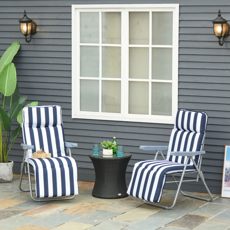 Set 2 Sedie a Sdraio da Giardino Reclinabili con Imbottitura a Righe e Braccioli bianco e blu 
