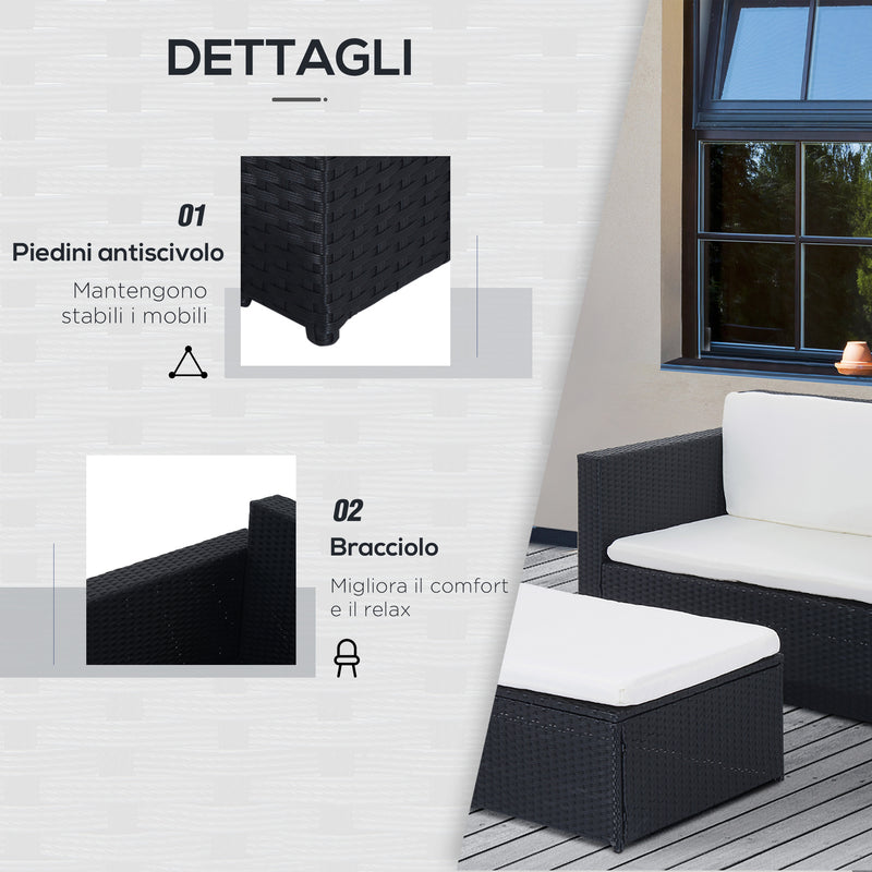 Set Salotto da Giardino in Rattan Sintetico Divano e Poggiapiedi con Cuscini Nero 