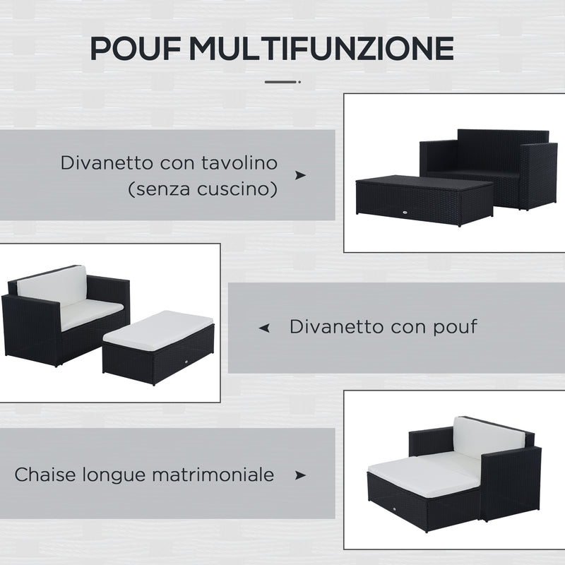 Set Salotto da Giardino in Rattan Sintetico Divano e Poggiapiedi con Cuscini Nero 