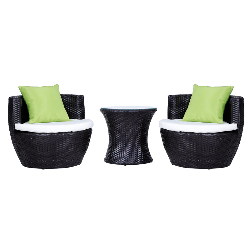 Set Salotto da Giardino in Rattan Sintetico 2 Poltroncine Tonde con Tavolino e Cuscini Marrone 