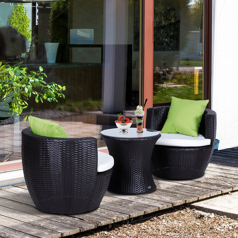 Set Salotto da Giardino in Rattan Sintetico 2 Poltroncine Tonde con Tavolino e Cuscini Marrone 