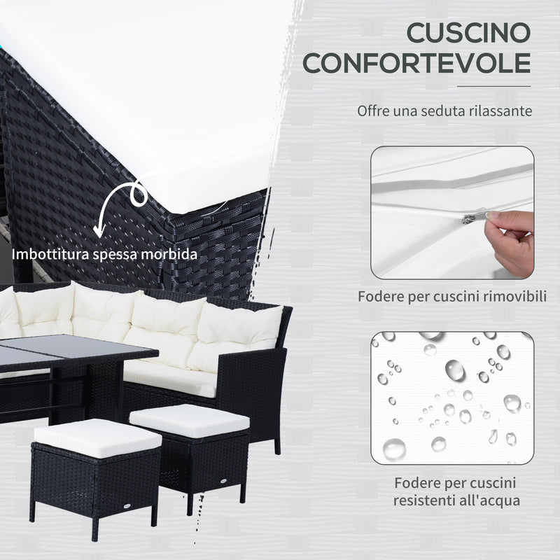 Set Salotto da Giardino in Rattan Sintetico 6 pezzi DIvano con Cuscini e Tavolino Nero 