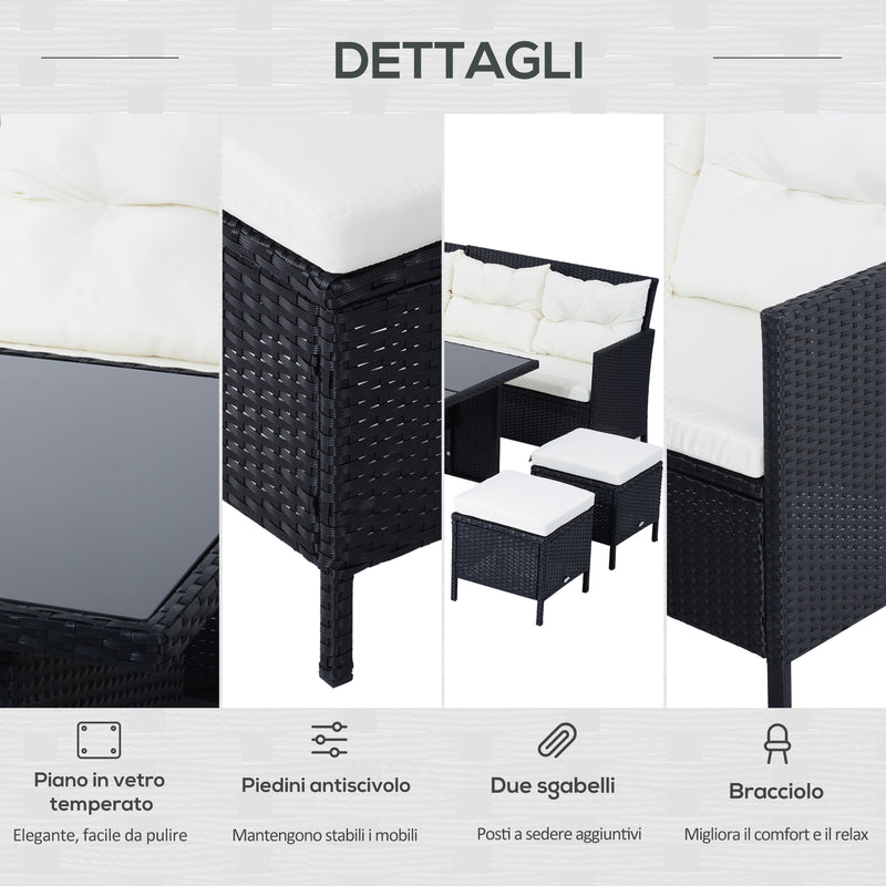 Set Salotto da Giardino in Rattan Sintetico 6 pezzi DIvano con Cuscini e Tavolino Nero 