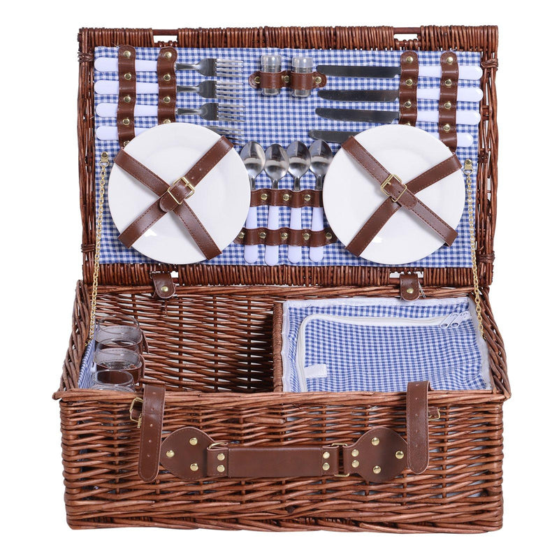 Cestino da Picnic per 4 Persone Posate Piatti Bicchieri e Accessori Vimini marrone 54x34x20 cm 