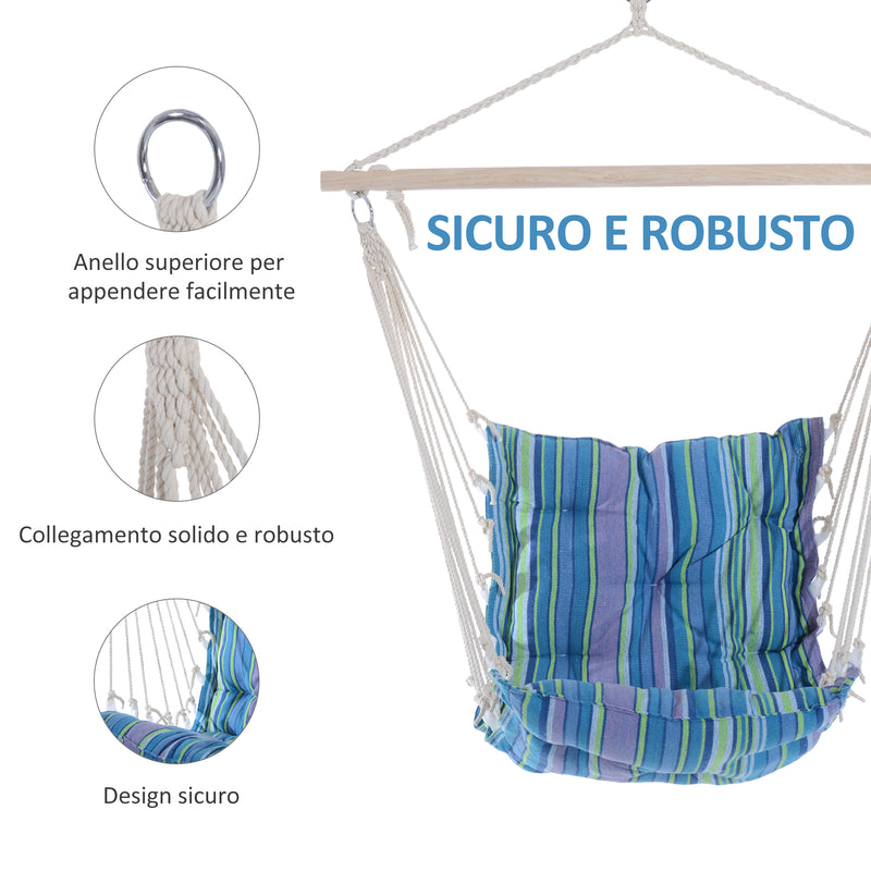 Amaca Sedia Sospesa Imbottita con Corde e Supporto in Legno e Cotone a Righe 