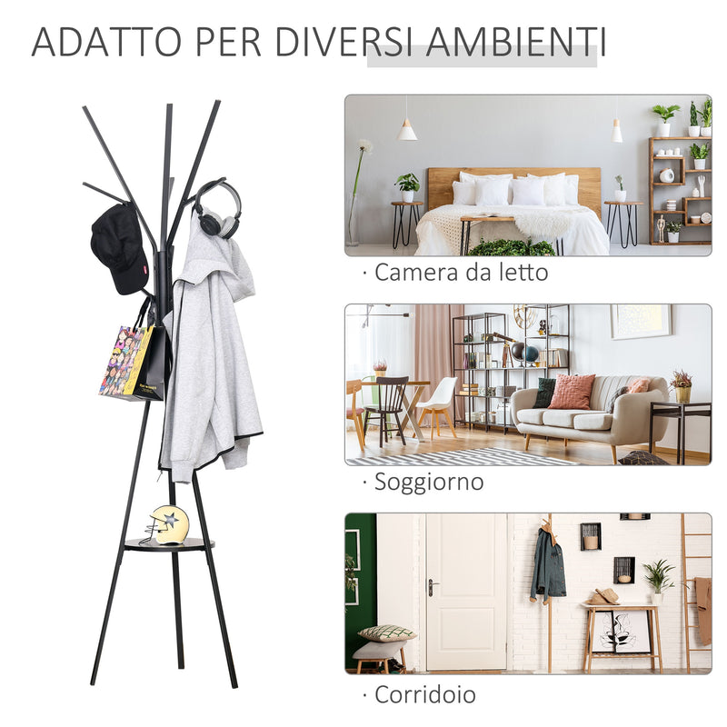 Appendiabiti da Terra Attaccapanni in Metallo e Legno Nero 45x45x180 cm 