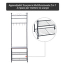 Panchina per Ingresso con Ganci Appendiabiti e Ripiani Scarpiera in Metallo Nero 