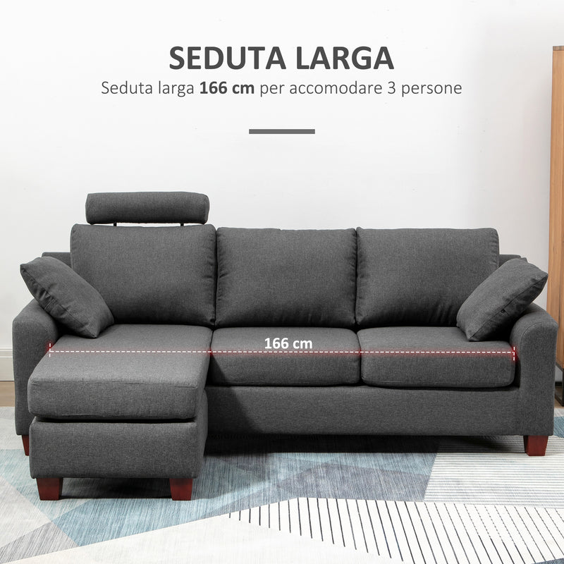 Divano 3 Posti con Poggiapiedi e Cuscini in Tessuto di Lino Grigio Scuro 194x80x86 cm 