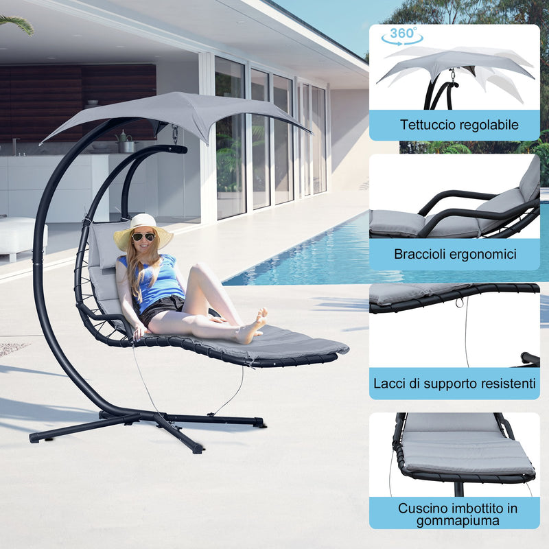 Sedia Dondolo Pensile Relax Chaise Longue di Lusso con Tettuccio Grigio 