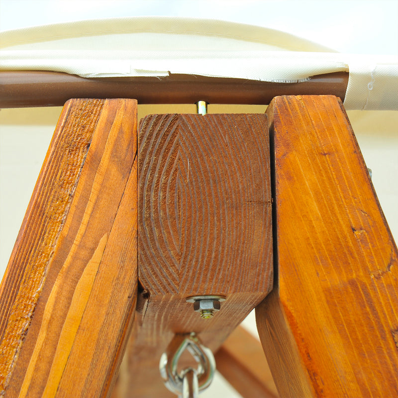 Dondolo da Giardino 2 Posti in Legno di Pino con Tettuccio Parasole Bianco 