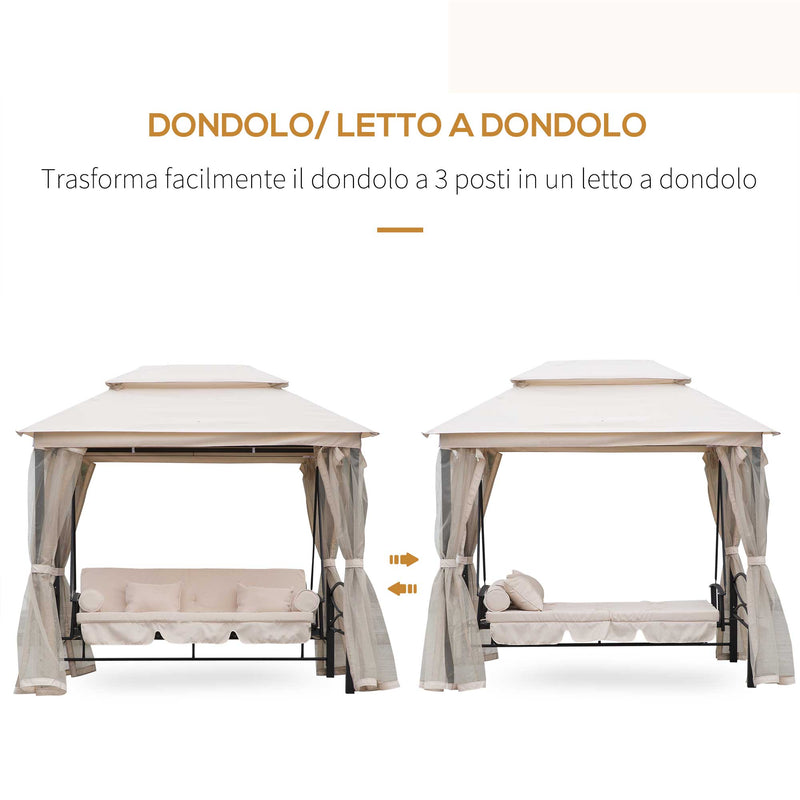 Dondolo a 3 Posti Gazebo Divano Letto con Zanzariera Beige 