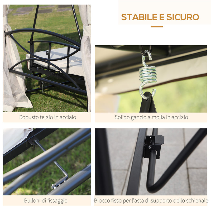 Dondolo a 3 Posti Gazebo Divano Letto con Zanzariera Beige 