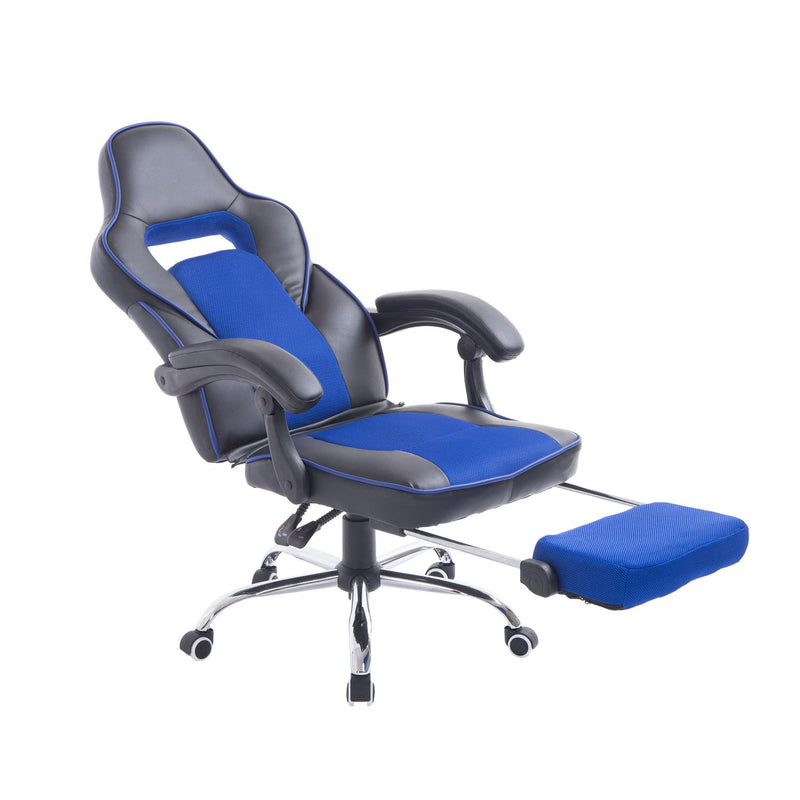 Sedia da Gaming Ergonomica in Similpelle Reclinabile con Supporto Gambe Nera e Blu 