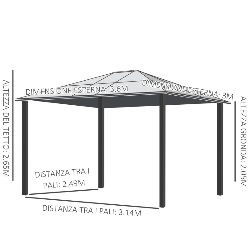 Gazebo da Giardino 3x3.6x2.65m in Alluminio e Policarbonato Tendone Lusso 