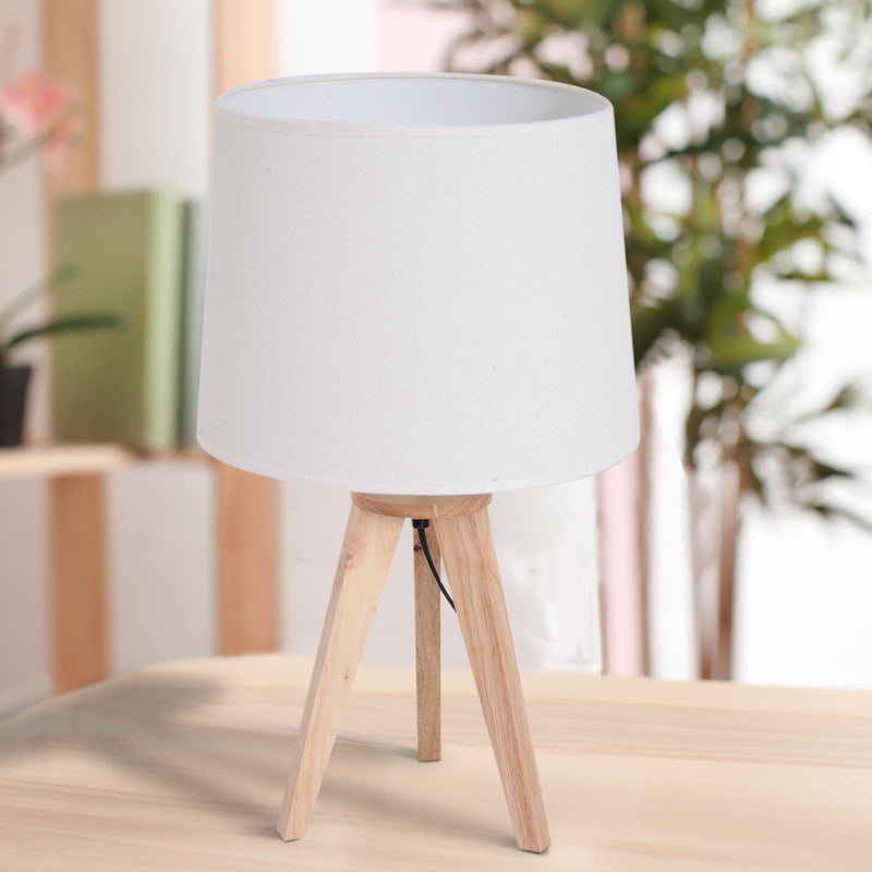 Lampada da Comodino Abat Jour in Legno Rovere e Tessuto Beige 