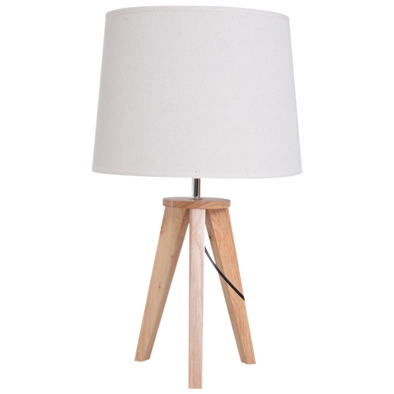 Lampada da Comodino Abat Jour in Legno Rovere e Tessuto Beige 