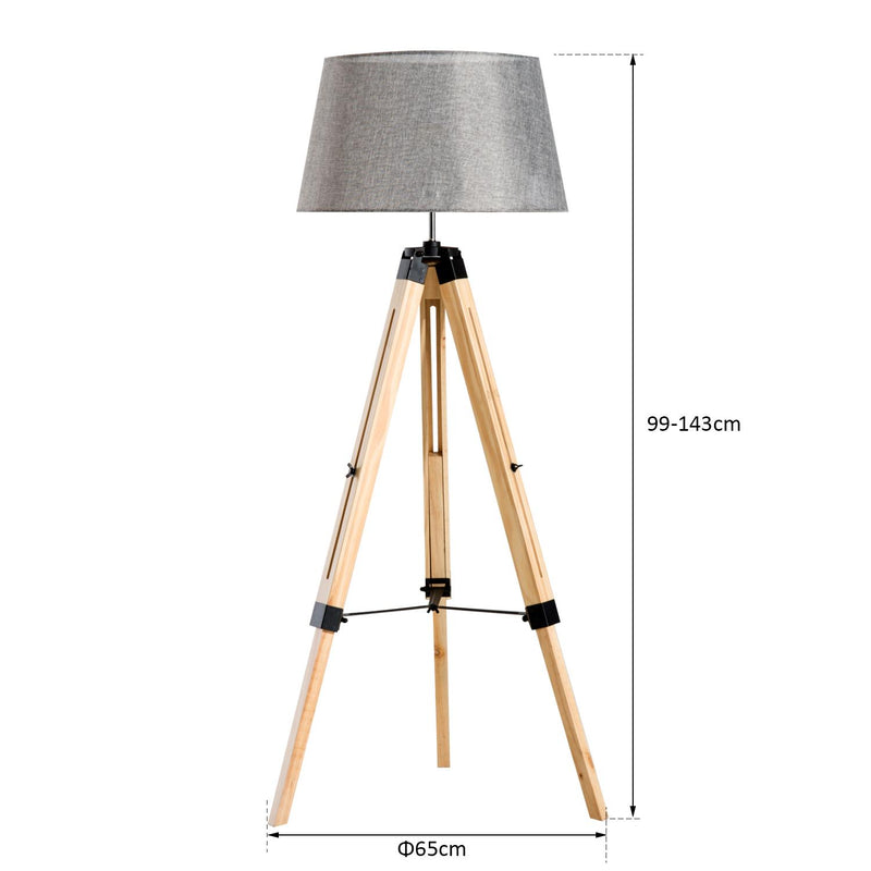 Lampada da Terra Design con Treppiede in Legno Altezza Regolabile Grigio 