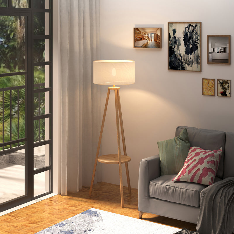 Lampada da Terra Tripode in Legno e Lino con Interruttore a Pedale Altezza 154 cm 