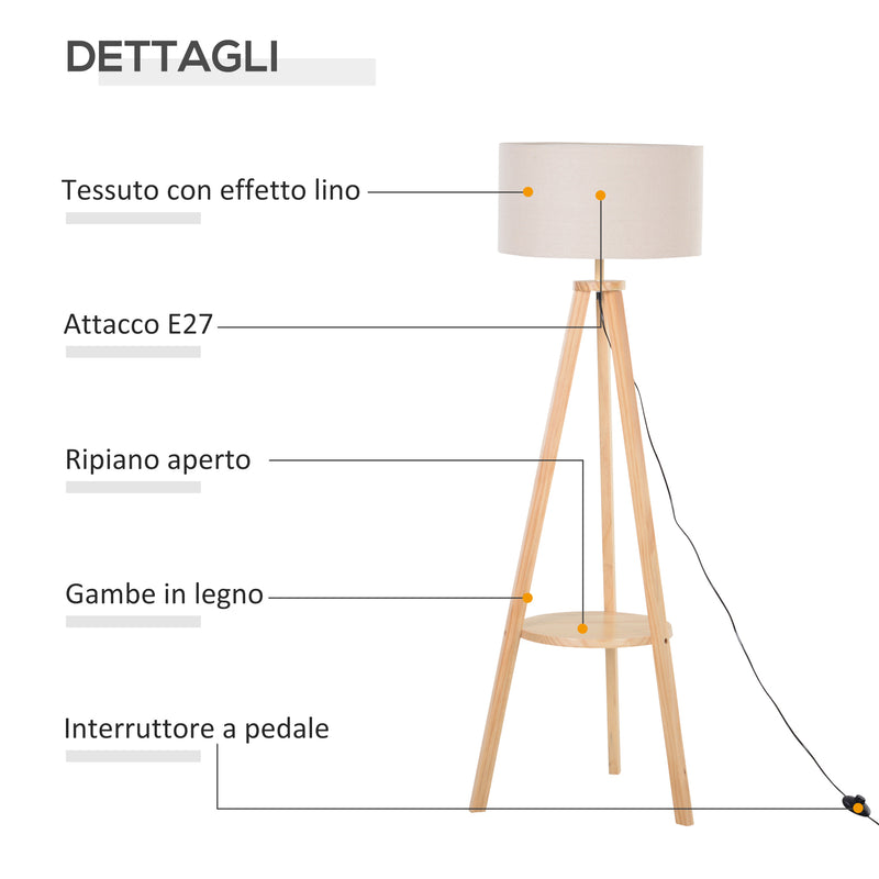Lampada da Terra Tripode in Legno e Lino con Interruttore a Pedale Altezza 154 cm 