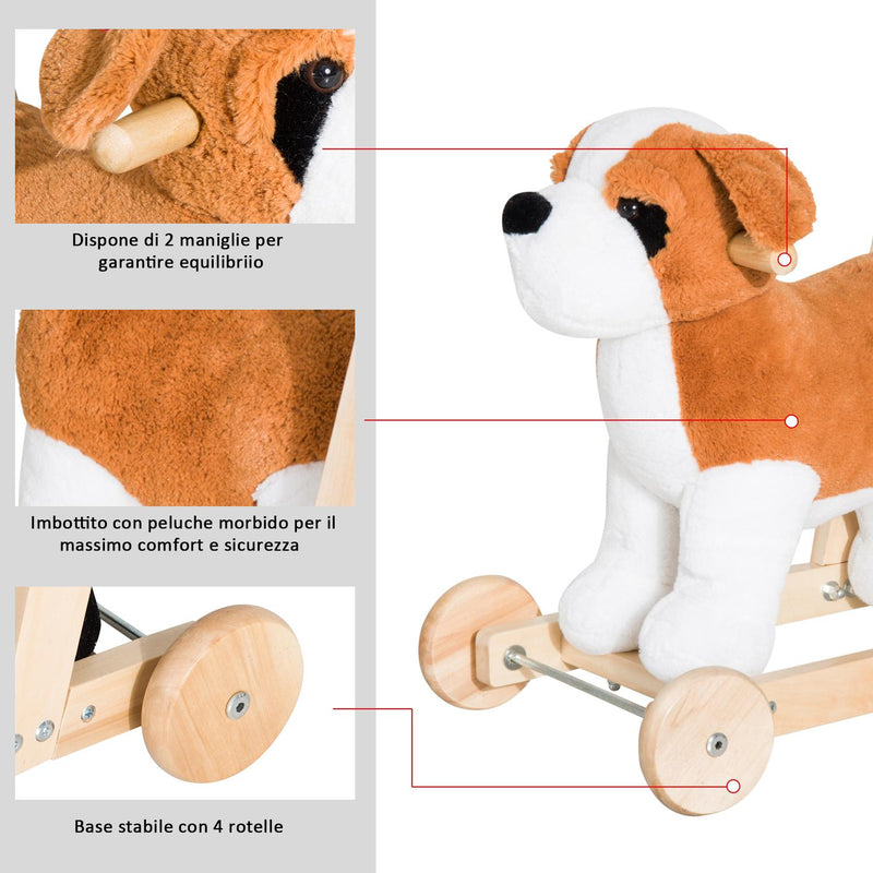 Cane Cavalcabile per Bambini con Suoni in Legno e Peluche 