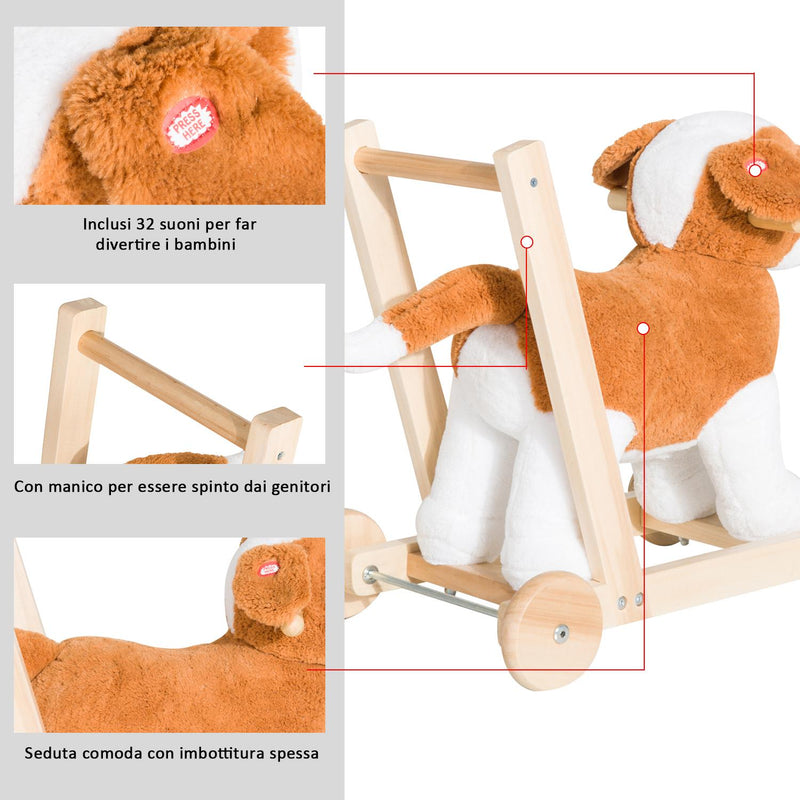 Cane Cavalcabile per Bambini con Suoni in Legno e Peluche 