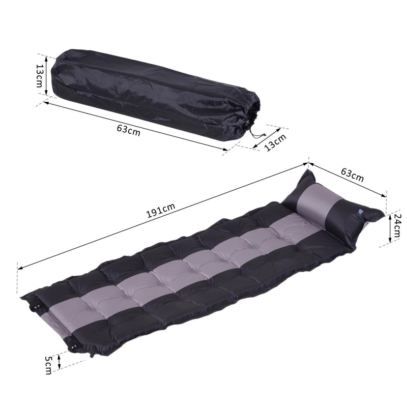Materassino Gonfiabile da Campeggio con Cuscino in PVC Nero e Grigio 191x63x5 cm 