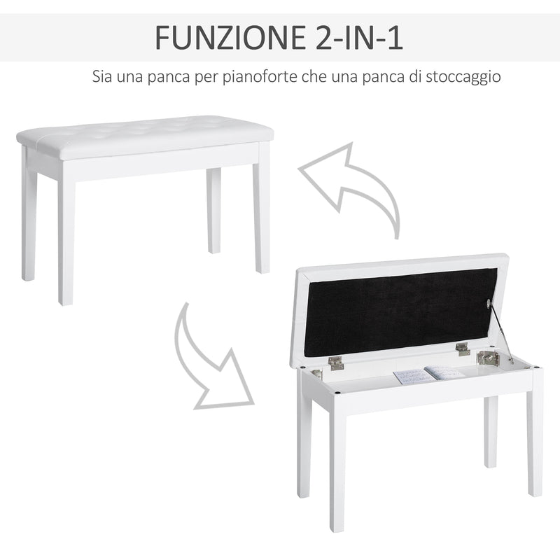 Panca Sgabello Pianoforte con Vano Portaoggetti in Similpelle e Legno 76x36x50 cm Bianco 