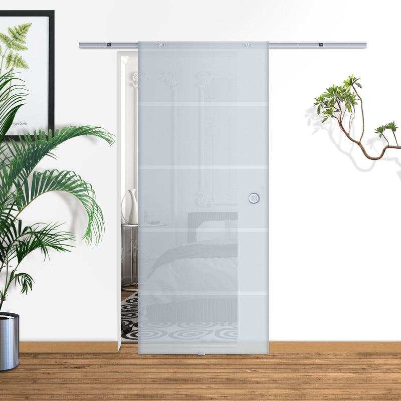 Porta Scorrevole Vetrata 90x205 cm Satinata a Strisce Trasparenti 