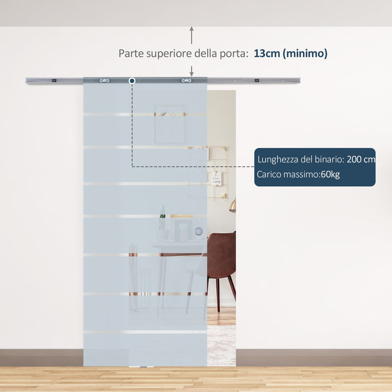 Porta Scorrevole Vetrata 90x205 cm Satinata a Strisce Trasparenti 