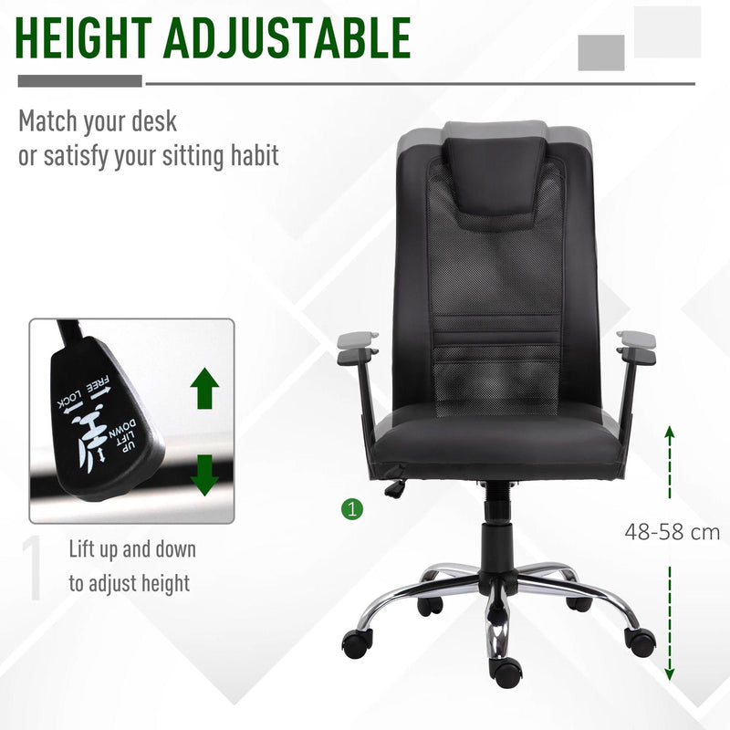 Sedia da Ufficio Presidenziale Ergonomica in Rete e Similpelle Altezza Regolabile Nera 