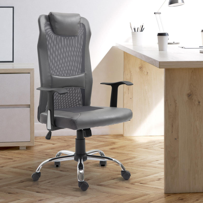 Sedia da Ufficio Presidenziale Ergonomica in Rete e Similpelle Altezza Regolabile Grigia 