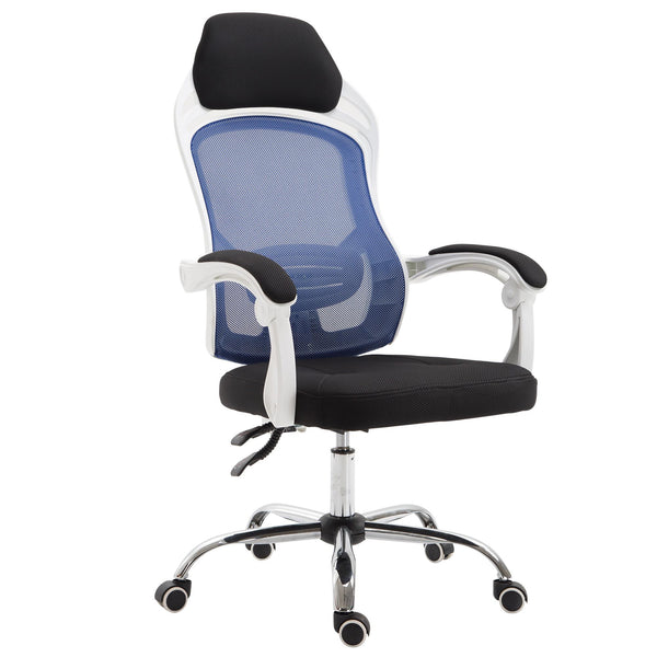 Chaise de bureau en maille avec dossier inclinable en bleu et blanc sconto