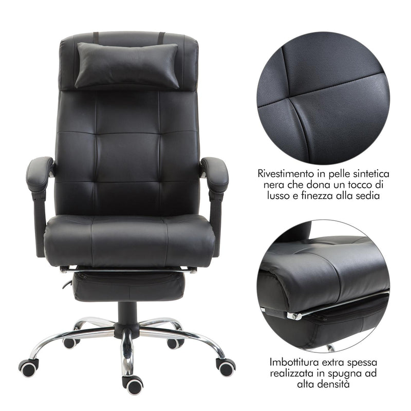 Sedia Poltrona da Ufficio Ergonomica Presidenziale in Similpelle Reclinabile Nera 