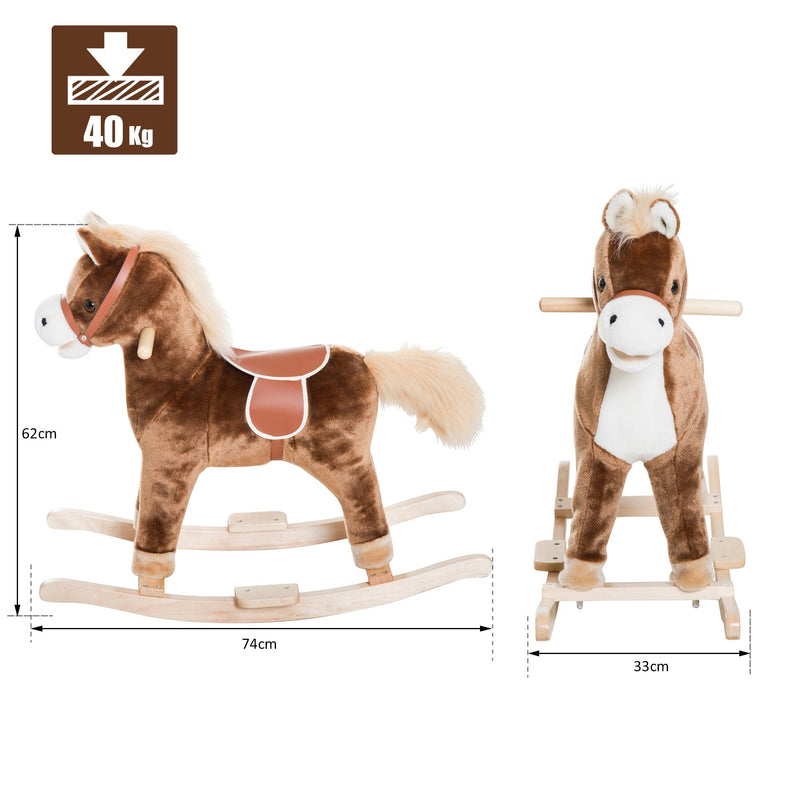 Cavallo a Dondolo Cavalcabile in Peluche e Legno Marrone 