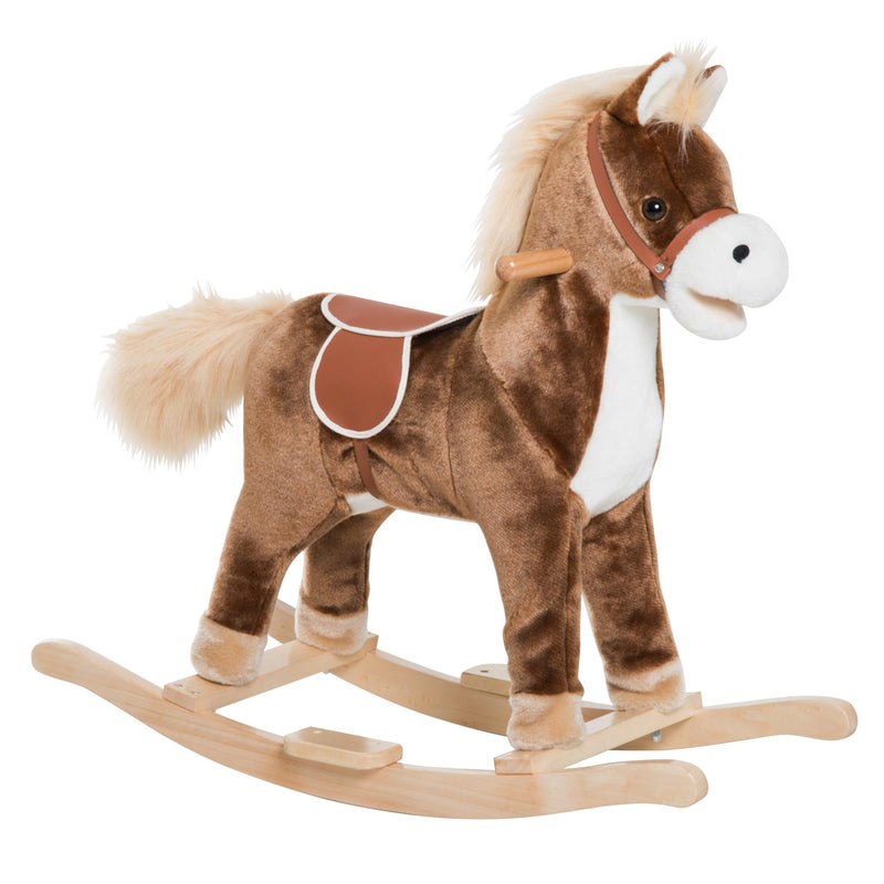 Cavallo a Dondolo Cavalcabile in Peluche e Legno Marrone 