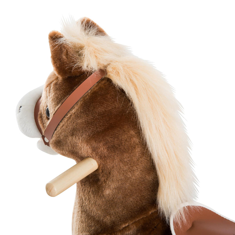 Cavallo a Dondolo Cavalcabile in Peluche e Legno Marrone 