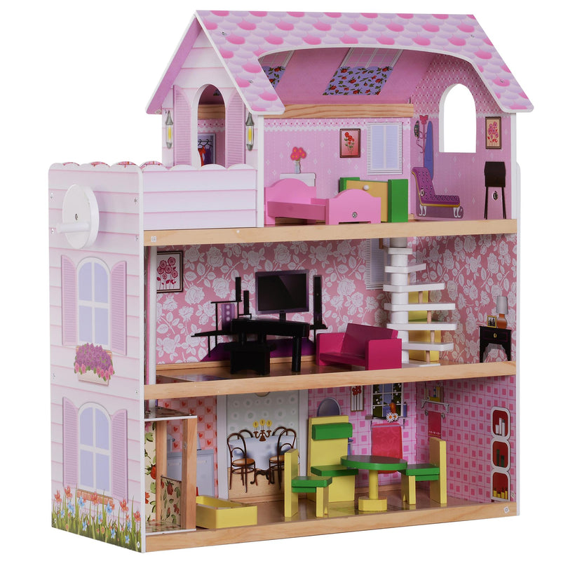Casa delle Bambole per Bambini a 3 Piani con Ascensore Rosa 60x30x71.5 cm 